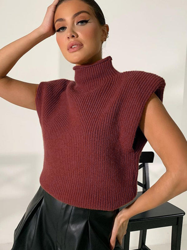 Solid color turtleneck short-sleeved sweater top