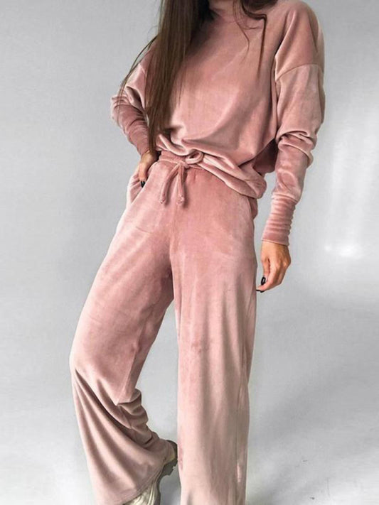 Casual high-neck long-sleeved top drawstring trousers set