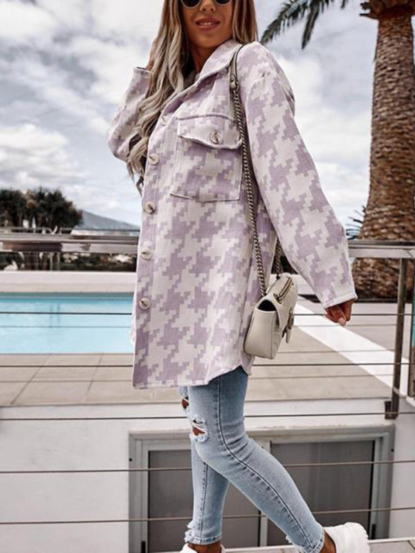 Loose long-sleeved houndstooth coat