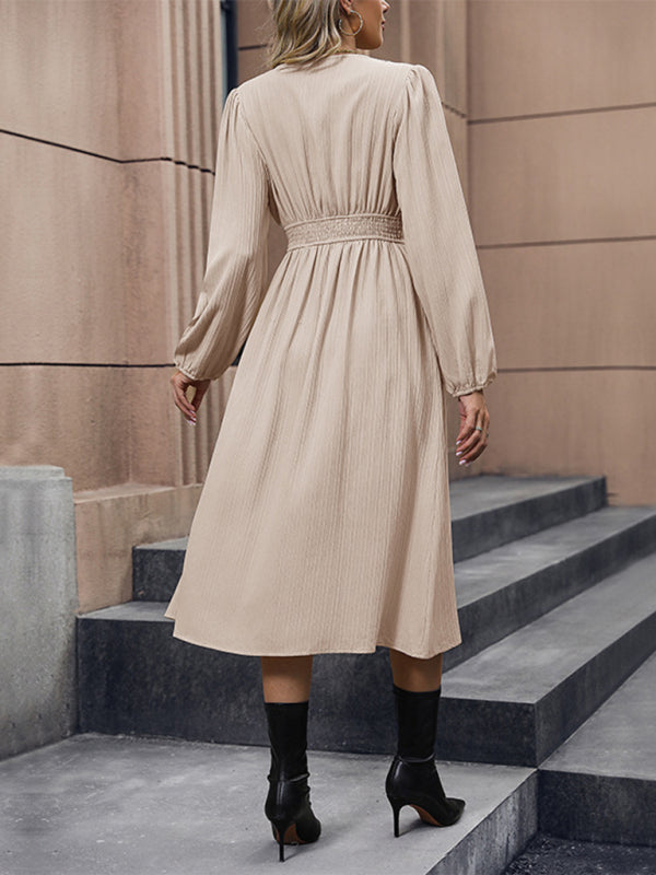 नई सुरुचिपूर्ण ठोस रंग लंबी आस्तीन वाली स्लिट ड्रेस