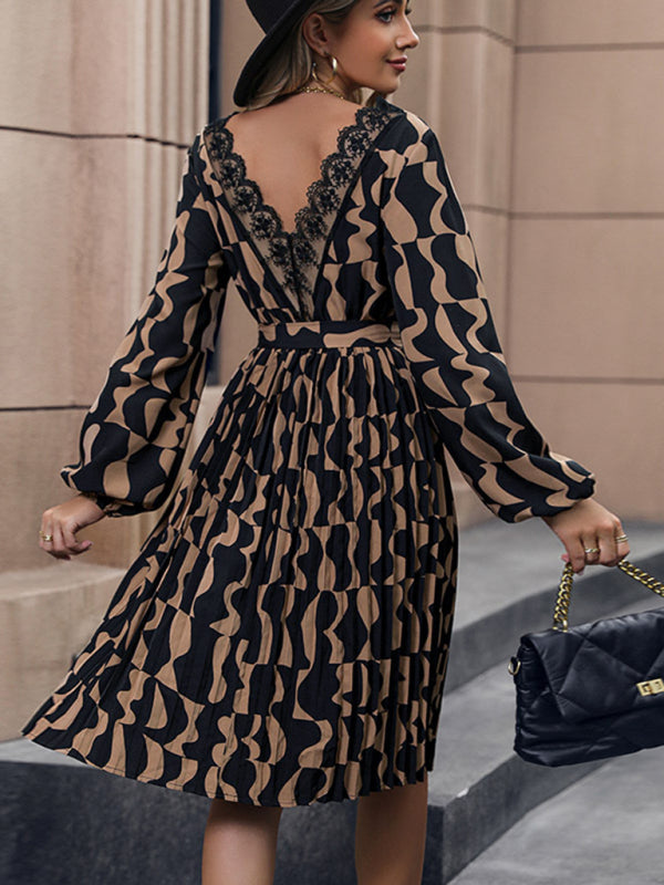 Elegant Printed Long Sleeve Mid-Length Dress
