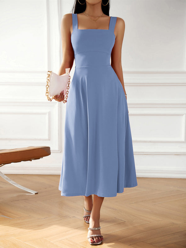 Women's elegant solid color suspender dress