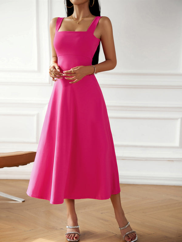 Women's elegant solid color suspender dress