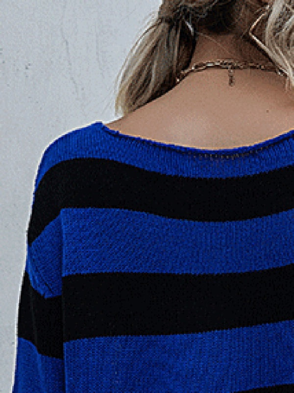 नई महिलाओं का धारीदार वी-गर्दन ढीला छोटा बुना हुआ बॉटमिंग स्वेटर