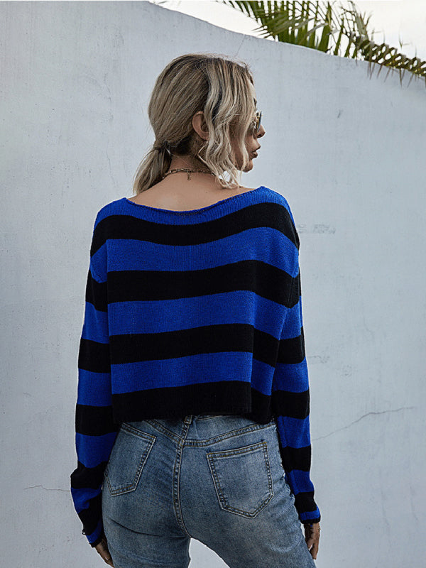 नई महिलाओं का धारीदार वी-गर्दन ढीला छोटा बुना हुआ बॉटमिंग स्वेटर
