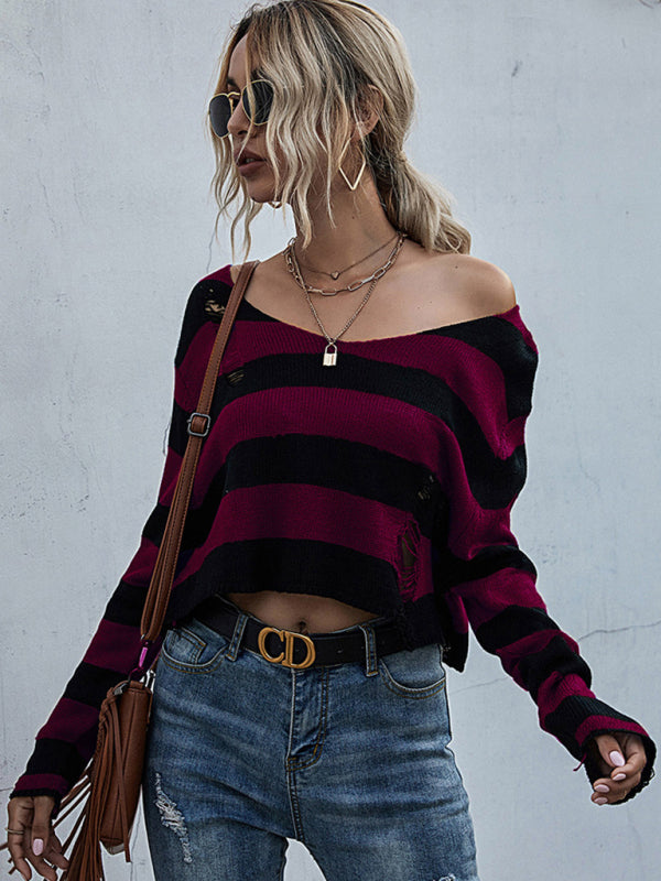 Women's striped v-neck loose short knitted sweater
