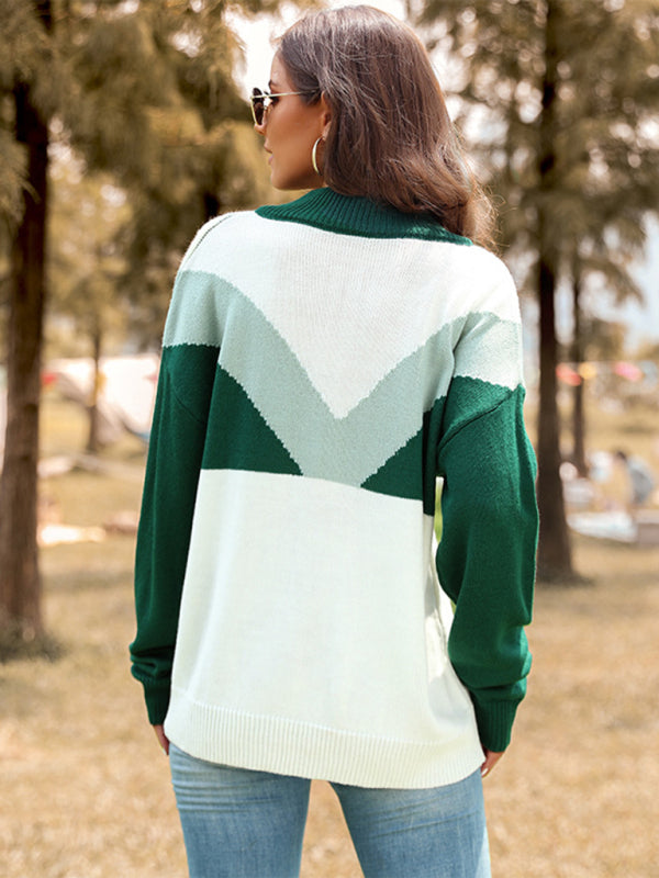 Color Block Lapel Button Pullover Long Sleeve Sweater