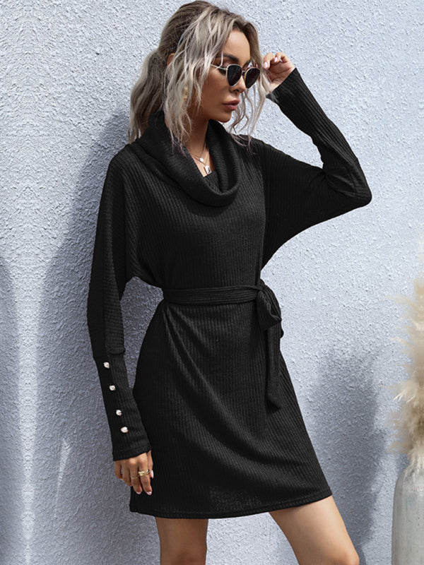 लंबी आस्तीन वाली नई पाइल कॉलर सॉलिड कलर बॉटमिंग बुना हुआ स्वेटर ड्रेस