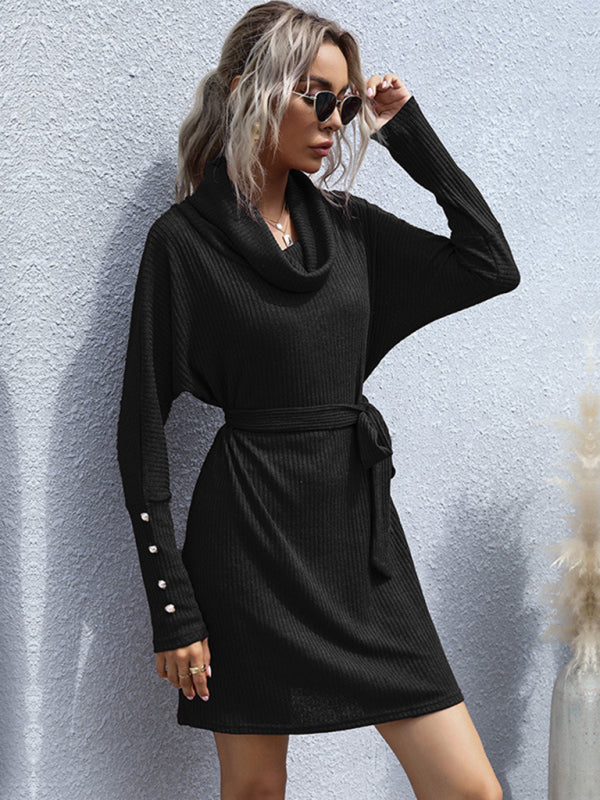 Pile collar solid color bottoming knitted sweater dress with long sleeves