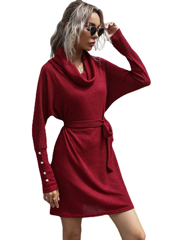 लंबी आस्तीन वाली नई पाइल कॉलर सॉलिड कलर बॉटमिंग बुना हुआ स्वेटर ड्रेस
