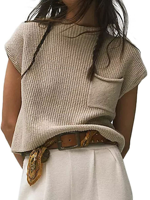 Women's Knitted Sleeveless Pocket Casual Pullover Vest