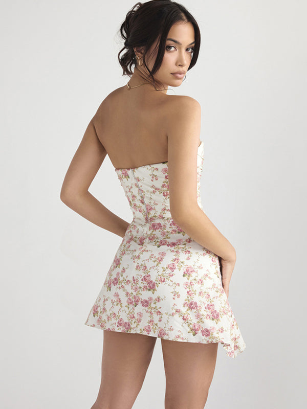 Women's Tubeless Backless Fitted Floral French Dress