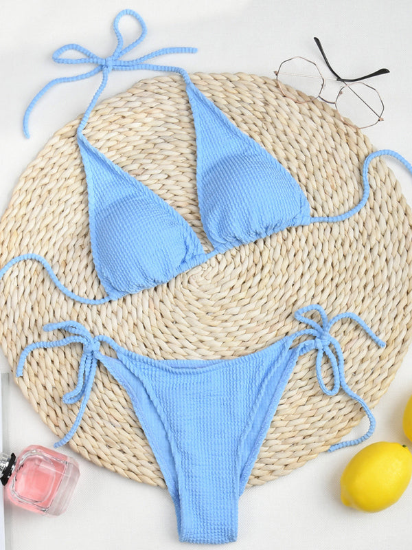 Solid color split strap three-point bikini