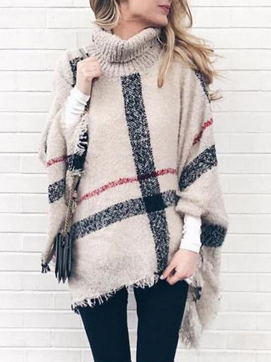 Mid-length high collar tassel cape loose knitted sweater