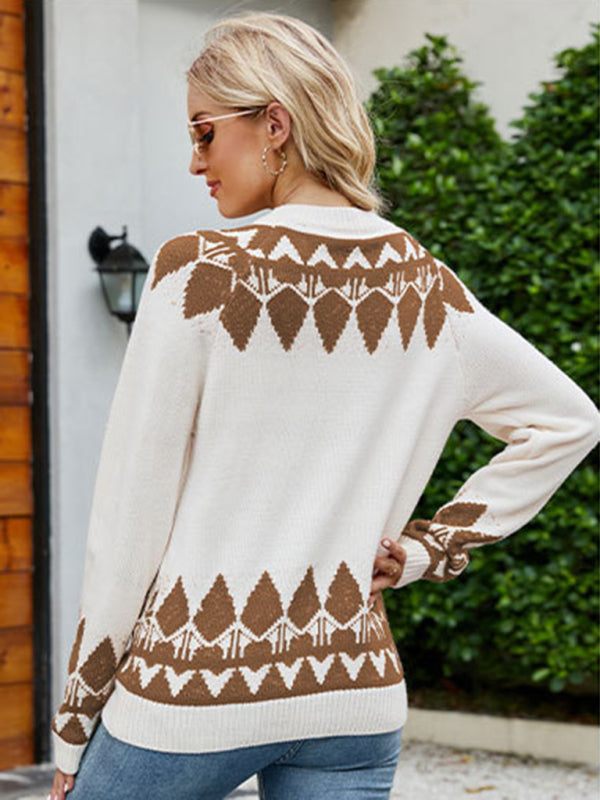 Women's Jacquard Round Neck Long Sleeve Sweater