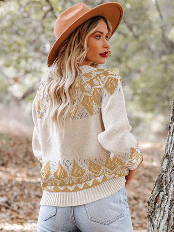 Women's Jacquard Round Neck Long Sleeve Pullover Sweater