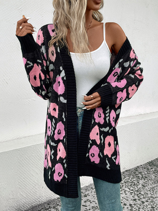 Women's Long Sleeve Contrast Color Floral Knitted Sweater Cardigan