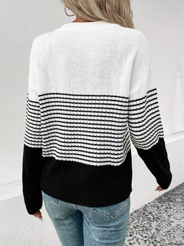 Women's Long Sleeve Striped Contrast Color Pullover Sweater