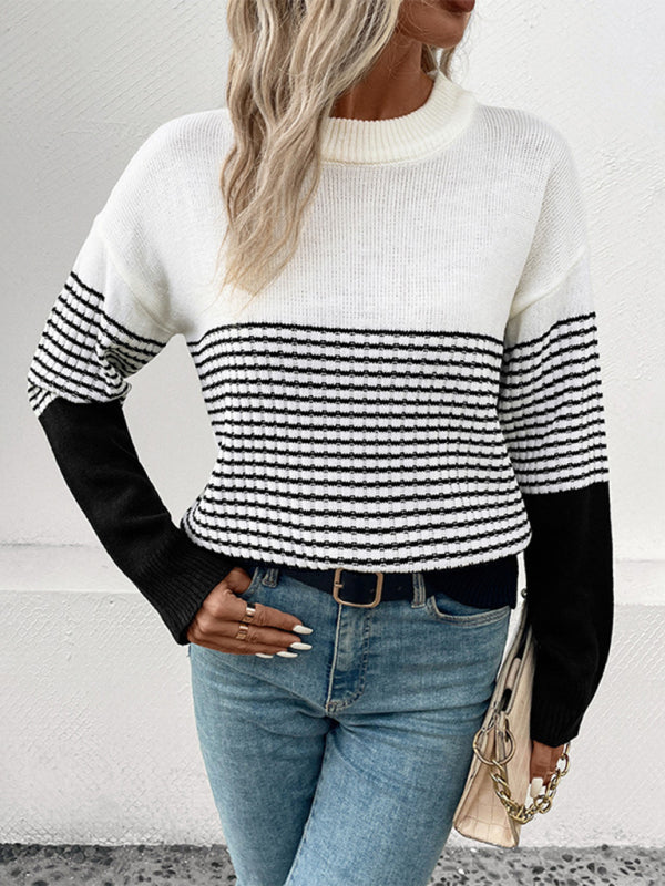 नई महिलाओं की लंबी बांह वाली धारीदार कंट्रास्ट रंग का स्वेटर स्वेटर