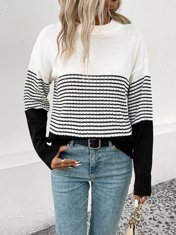 Women's Long Sleeve Striped Contrast Color Pullover Sweater