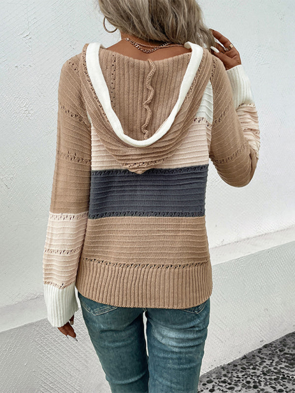 Women's hooded color block pullover sweater