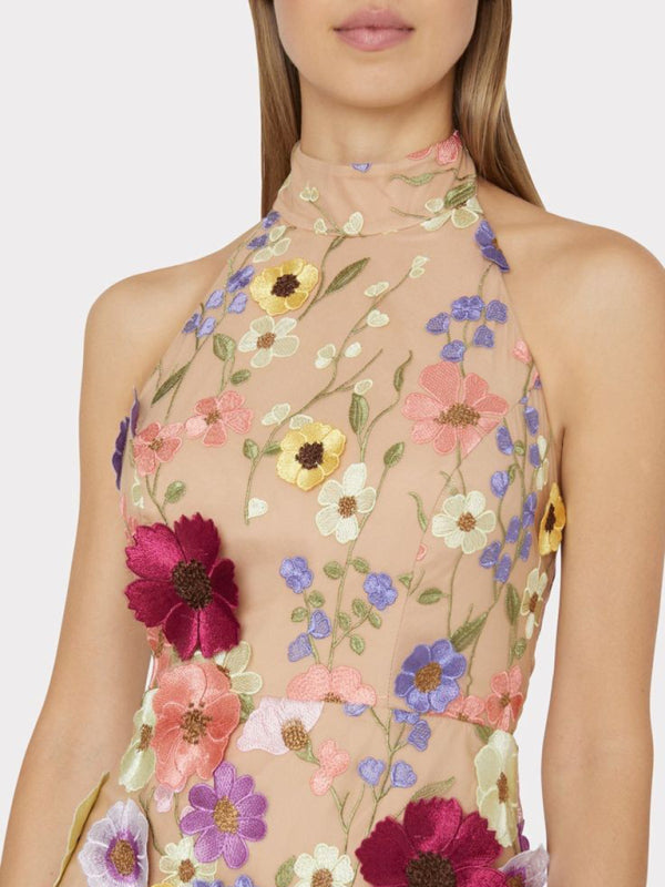 नई महिलाओं की कढ़ाई वाली त्रि-आयामी फूल लगाम गर्दन वाली पतली पोशाक छोटी पोशाक