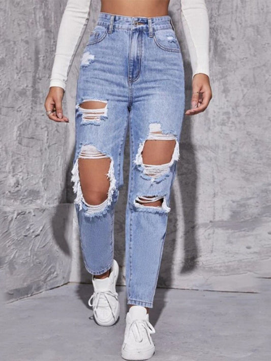 Women's washed ripped high waist straight jeans