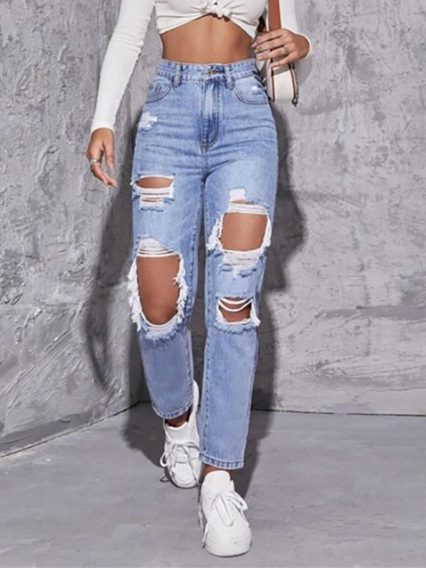 Women's washed ripped high waist straight jeans