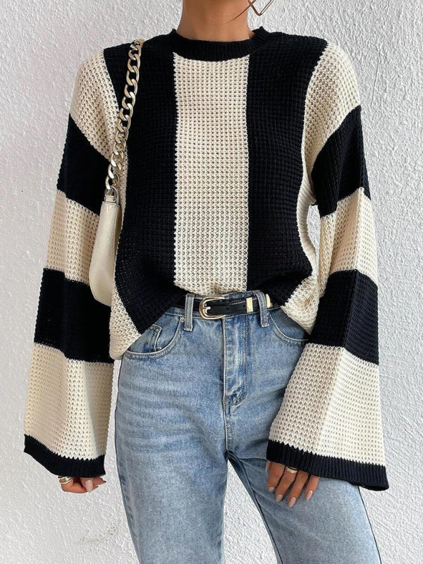 Women's tops round neck thick stitched wide striped sweater