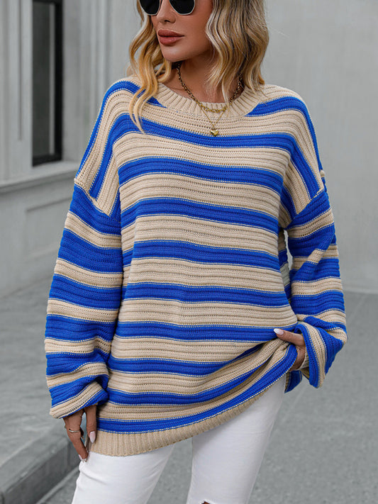 महिलाओं का ढीला धारीदार गोल गर्दन लंबी आस्तीन वाला स्वेटर स्वेटर