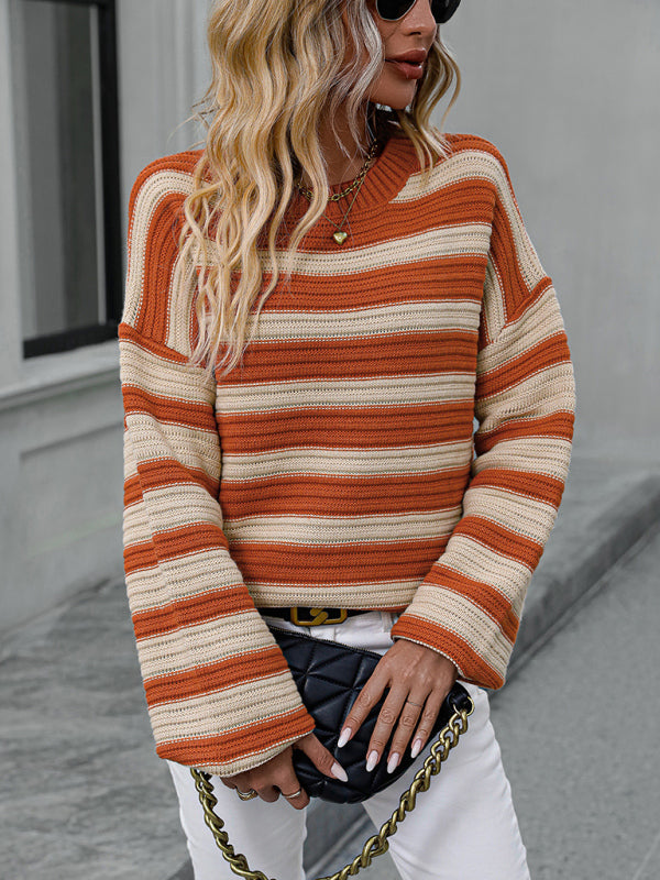 Women's loose striped round neck long sleeve pullover sweater