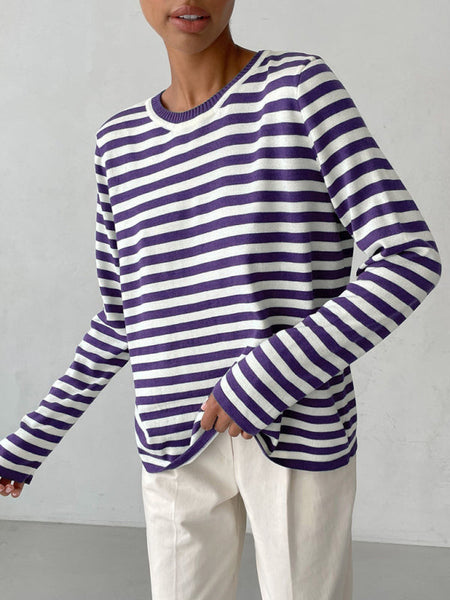 Women's loose striped round neck long sleeve sweatshirt