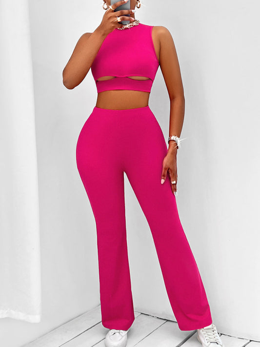 Casual round neck sleeveless hollow top and trousers set