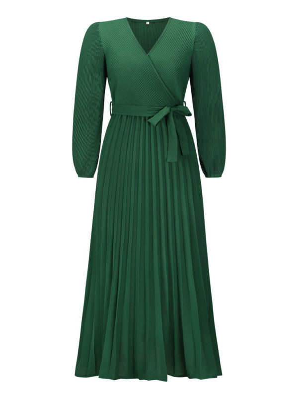 V-neck long-sleeved pleated A-line midi dress