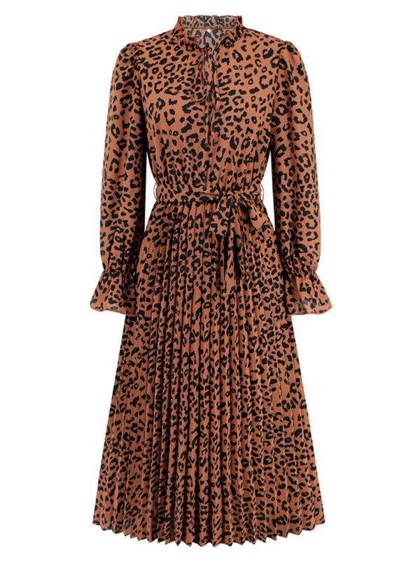 Leopard print stand collar lace up pleated casual midi dress