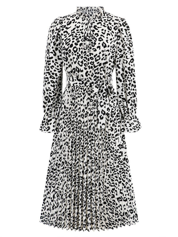 Leopard print stand collar lace up pleated casual midi dress