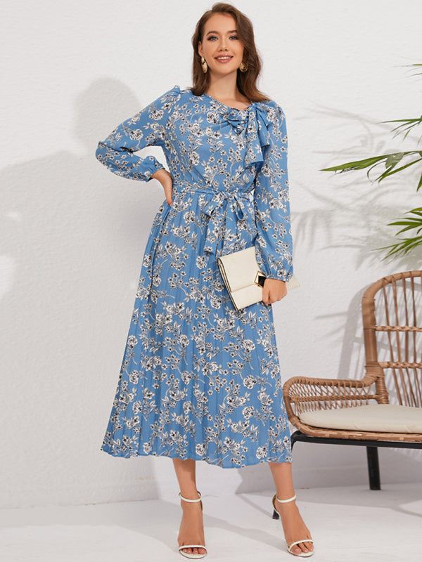 Pleated long-sleeved floral dress