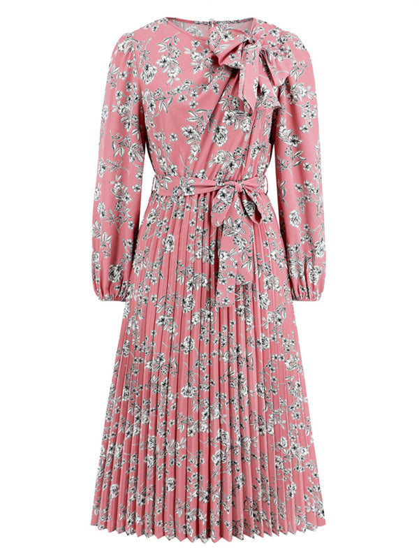 Pleated long-sleeved floral dress