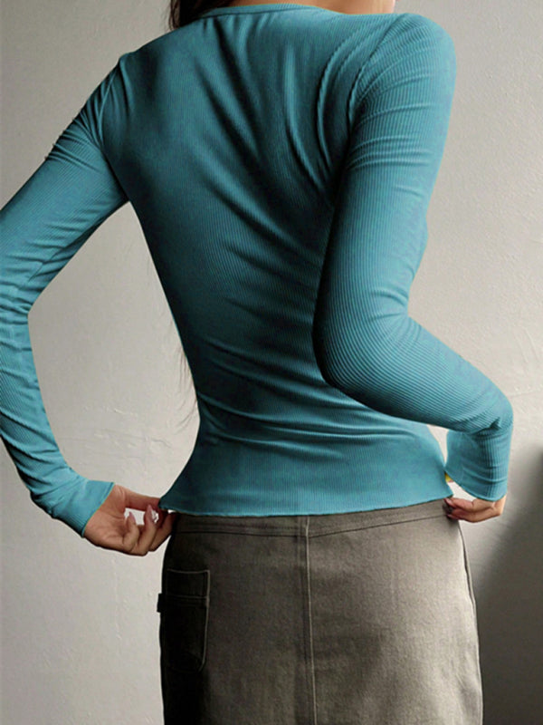 स्त्रीलिंग यू-गर्दन बटनदार लंबी आस्तीन वाला बुना हुआ टॉप