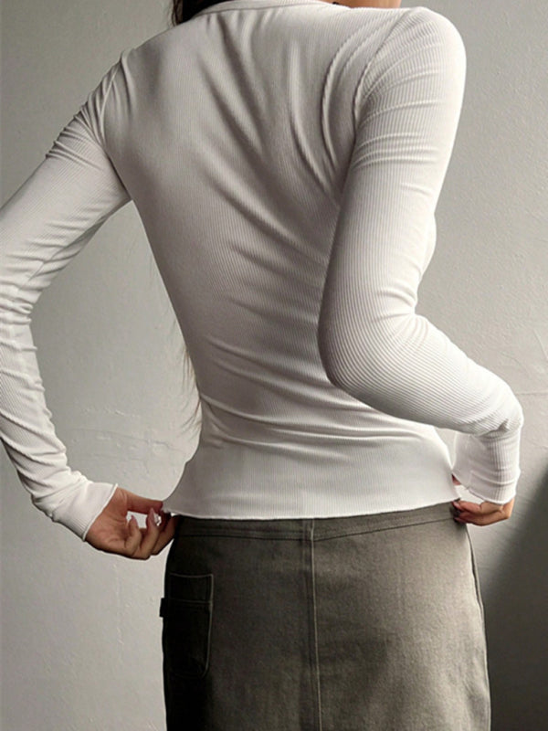 स्त्रीलिंग यू-गर्दन बटनदार लंबी आस्तीन वाला बुना हुआ टॉप