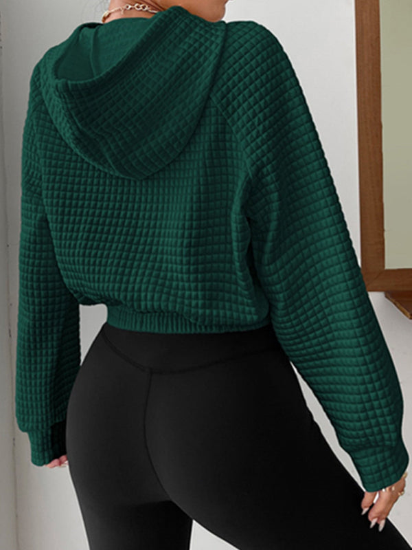 ढीला स्वेटर हुड वाली लंबी आस्तीन वाली पैचवर्क वफ़ल स्वेटशर्ट