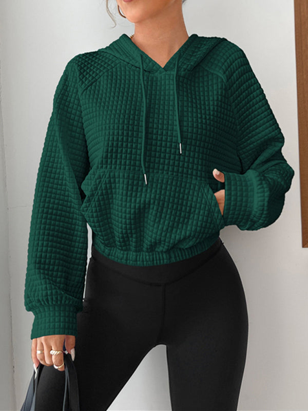 ढीला स्वेटर हुड वाली लंबी आस्तीन वाली पैचवर्क वफ़ल स्वेटशर्ट