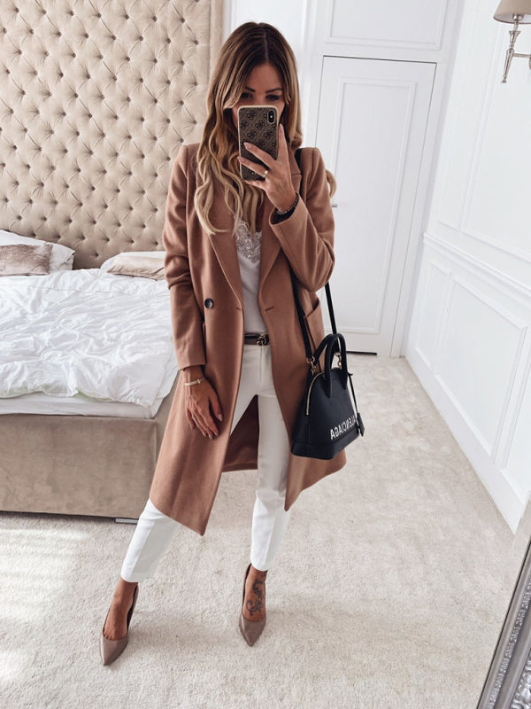 Solid color long-sleeved double pocket coat