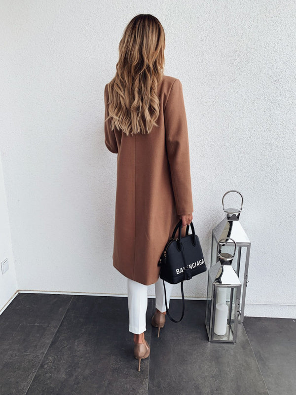 Solid color long-sleeved double pocket coat
