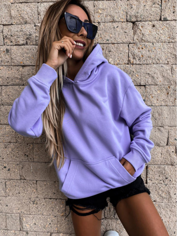 Long-sleeved solid color pullover hoodie