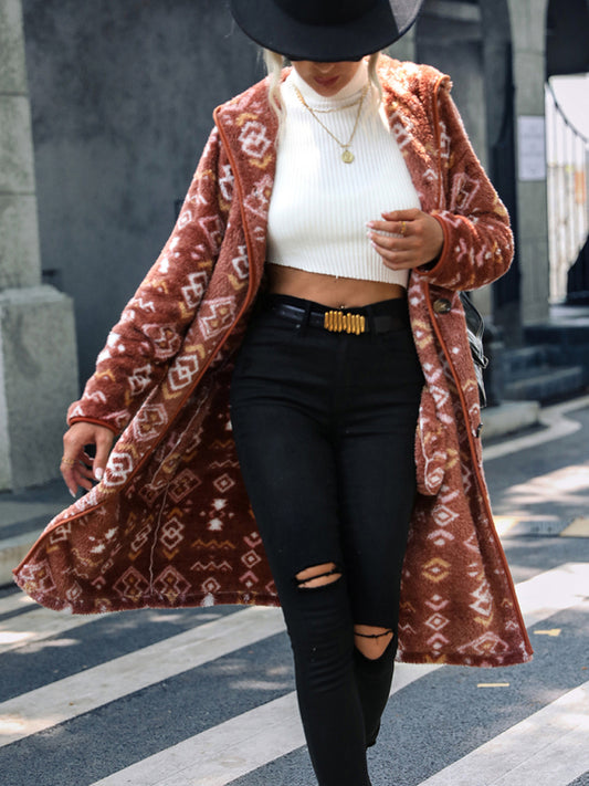Women's hooded long-sleeved geometric print single-breasted extra-long regular plush coat