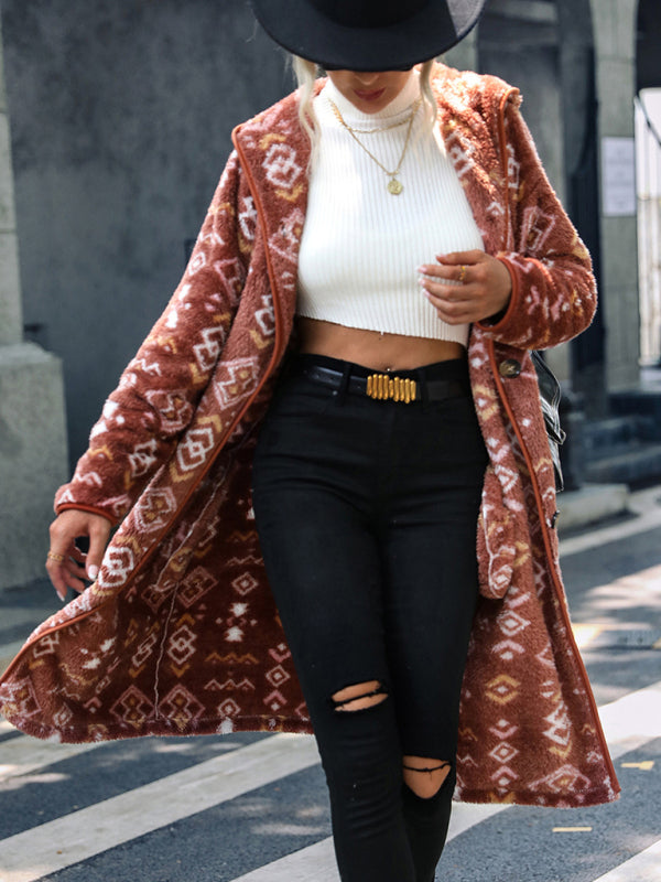 Women's hooded long-sleeved geometric print single-breasted extra-long regular plush coat