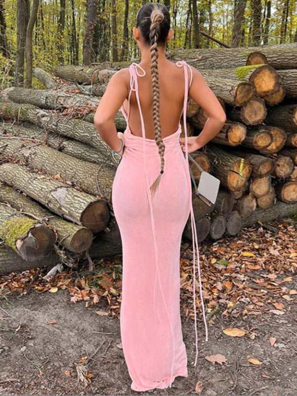 Backless strappy long tube top halter neck dress