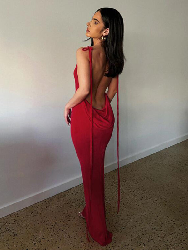 Backless strappy long tube top halter neck dress