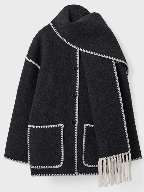 Short coat thickened loose with scarf tassels for women